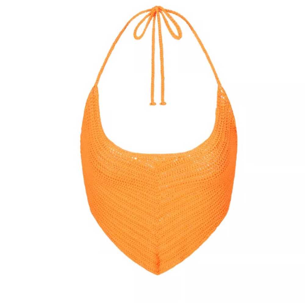 SKIMS NWT Neon Orange Crochet Swim Handkerchief Halter Top